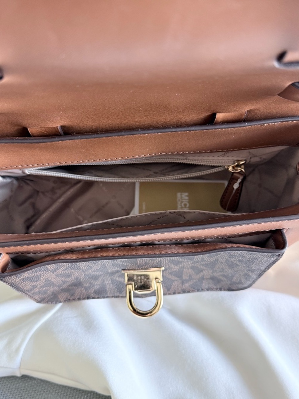 Michael Kors Brown and Tan MK Monogram Satchel with Gold Hardware - Picture 3 of 4